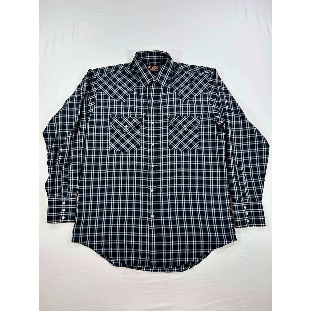 Plains Western Wear Mens Black White Plaid Pearl Snap Long Sleeve Shirt Medium